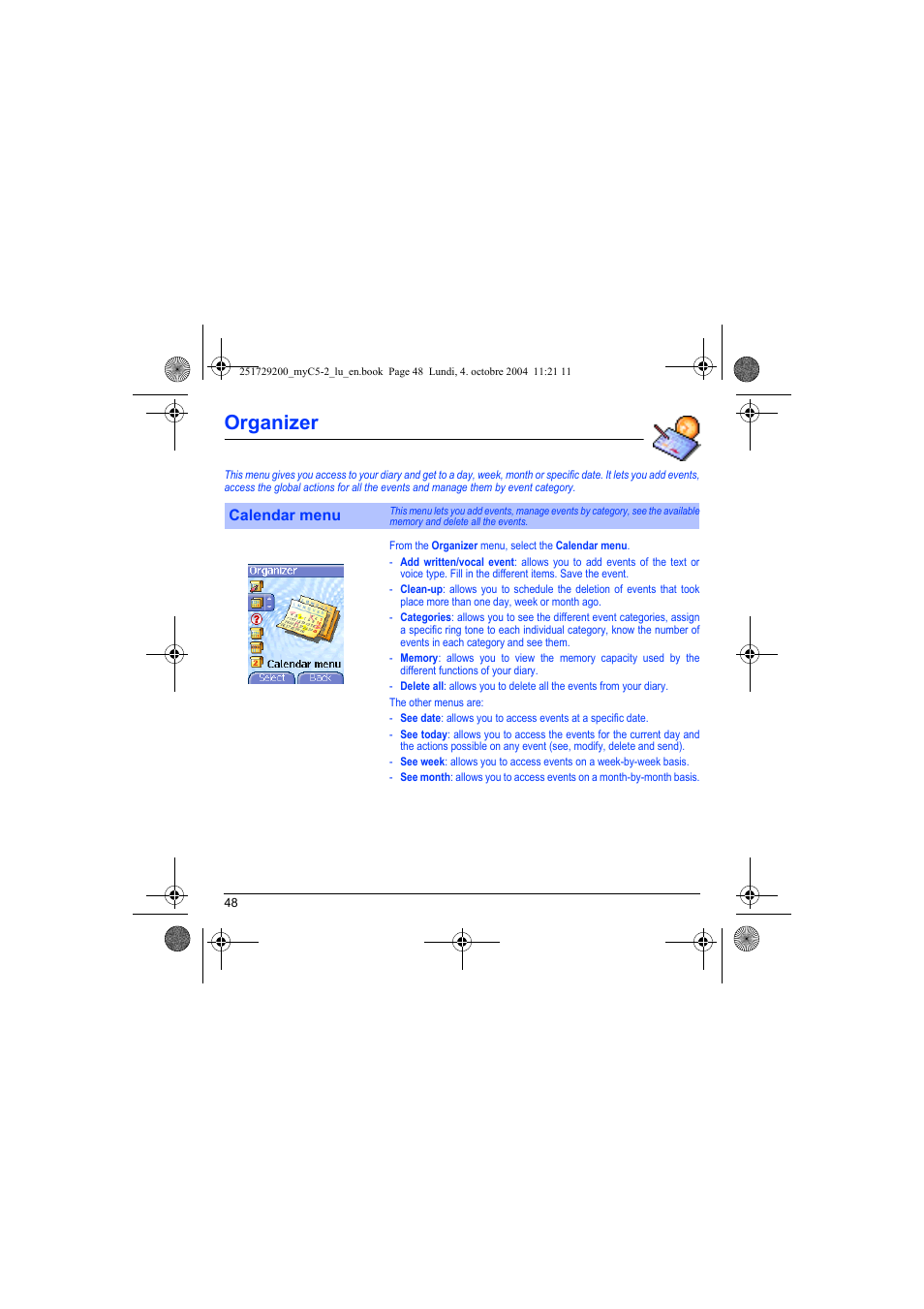 Organizer, Calendar menu | Sagem myC5-2 User Manual | Page 51 / 99