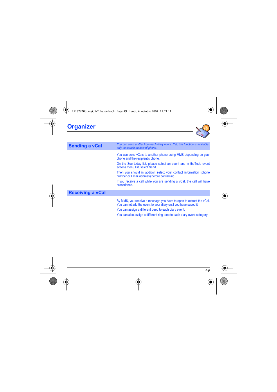 Sending a vcal receiving a vcal, Organizer | Sagem myC5-2 User Manual | Page 52 / 99