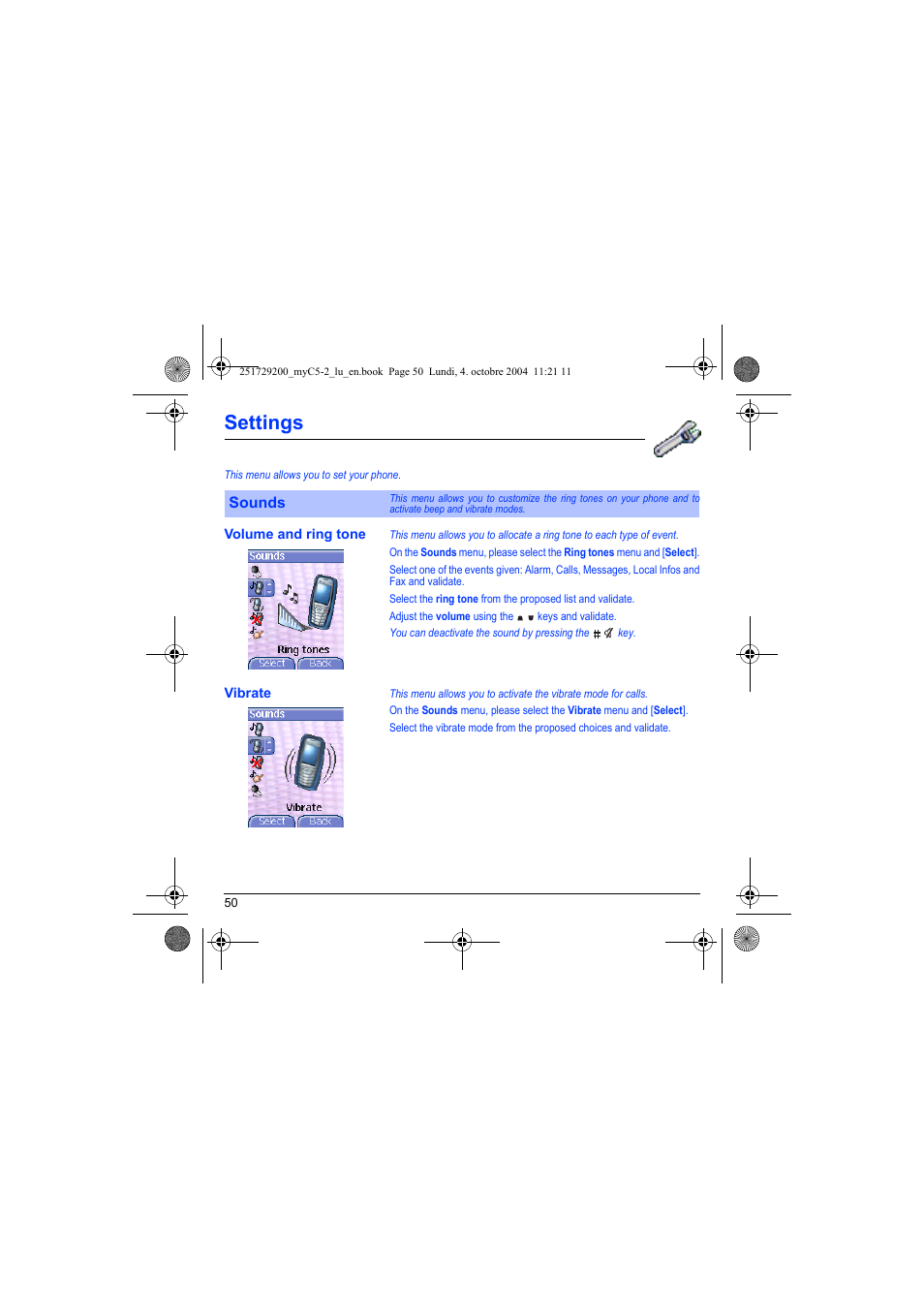 Settings, Sounds, Volume and ring tone vibrate | Sagem myC5-2 User Manual | Page 53 / 99