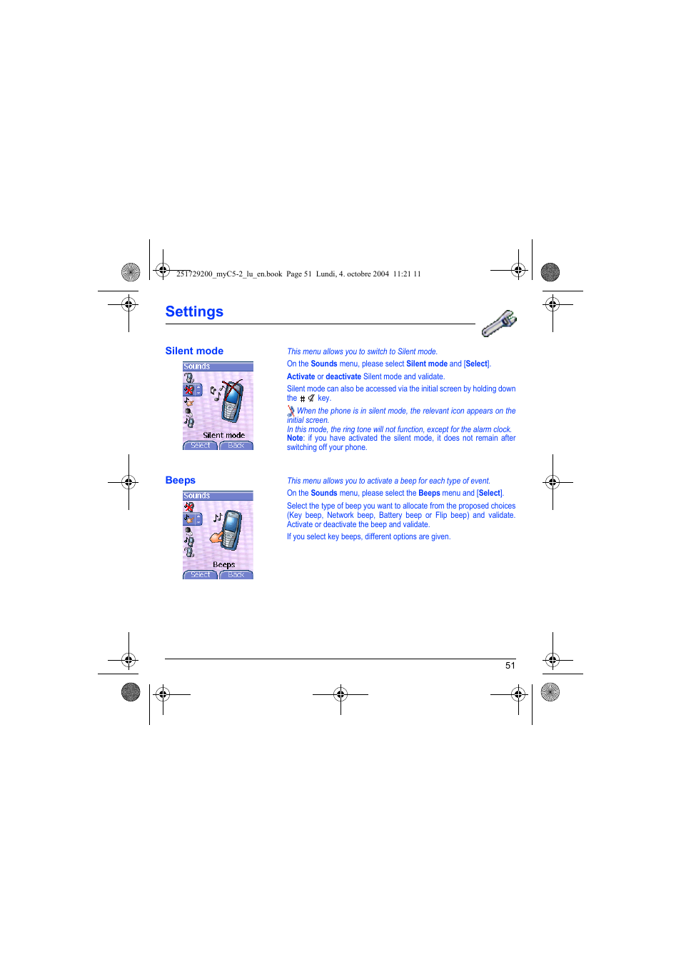 Silent mode beeps, Settings | Sagem myC5-2 User Manual | Page 54 / 99