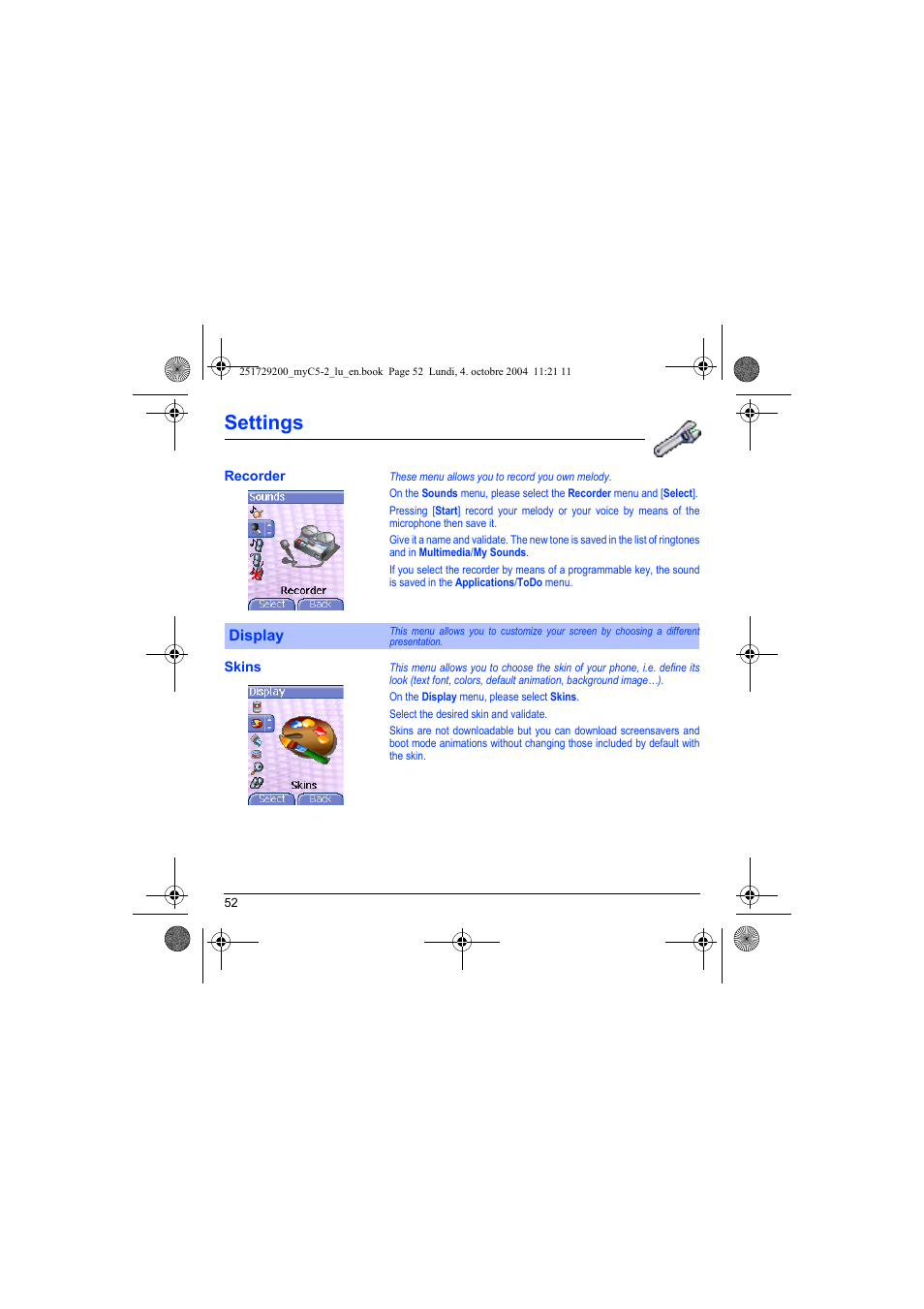 Recorder, Display, Skins | Settings | Sagem myC5-2 User Manual | Page 55 / 99