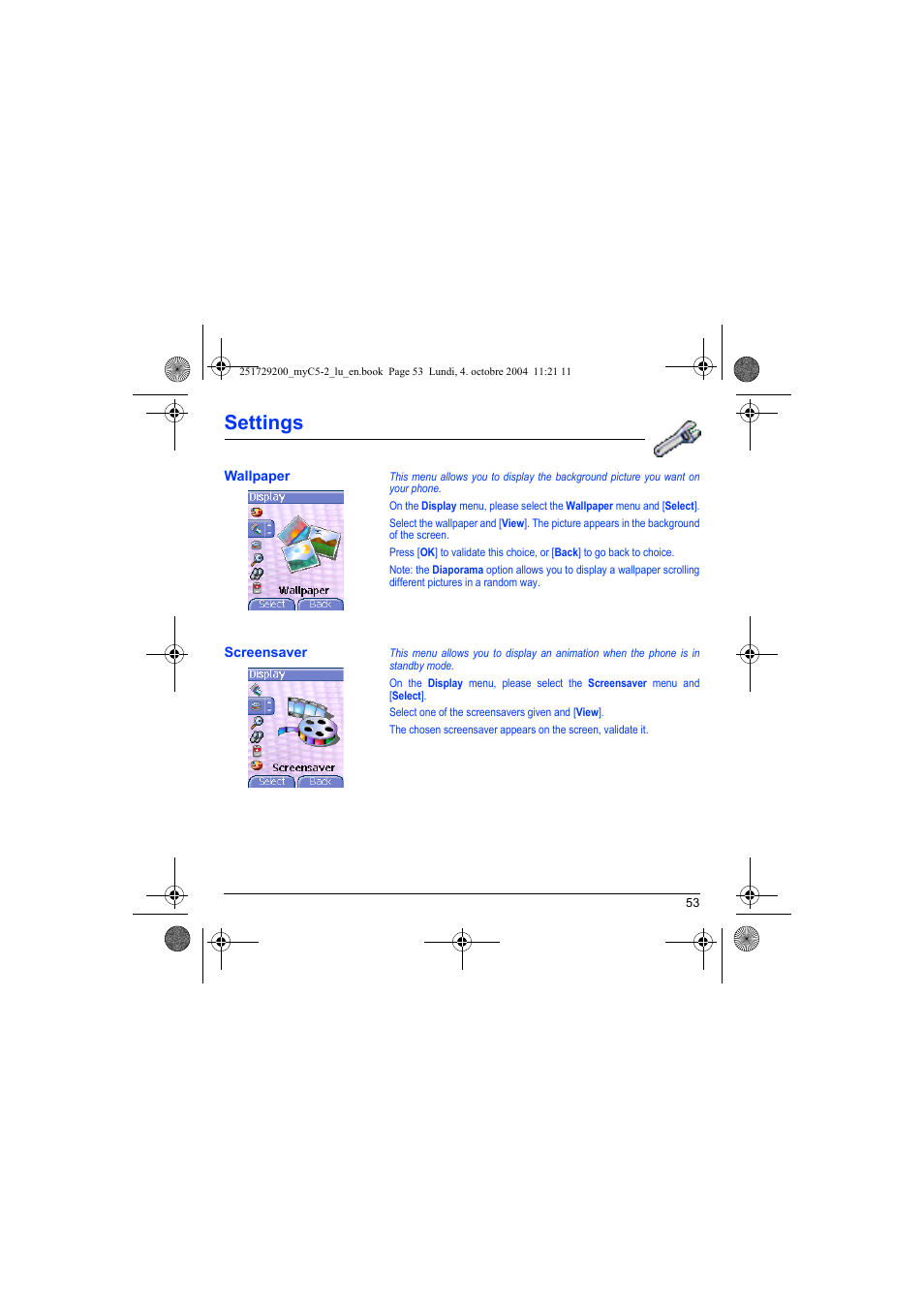 Wallpaper screensaver, Settings | Sagem myC5-2 User Manual | Page 56 / 99