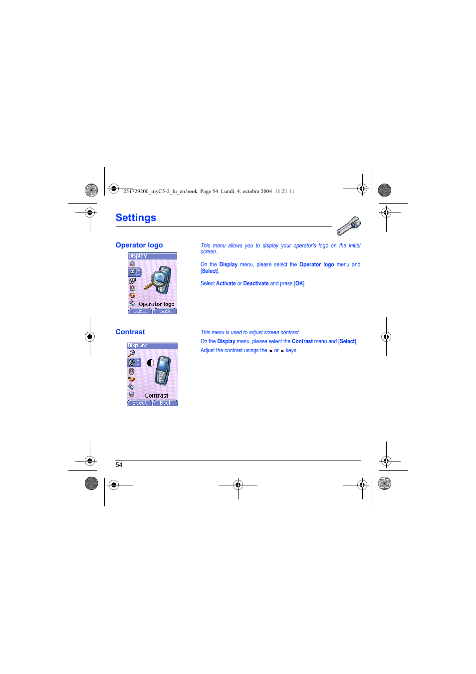 Operator logo contrast, Settings | Sagem myC5-2 User Manual | Page 57 / 99