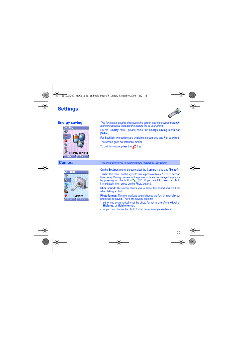 Energy saving, Camera, Settings | Sagem myC5-2 User Manual | Page 58 / 99