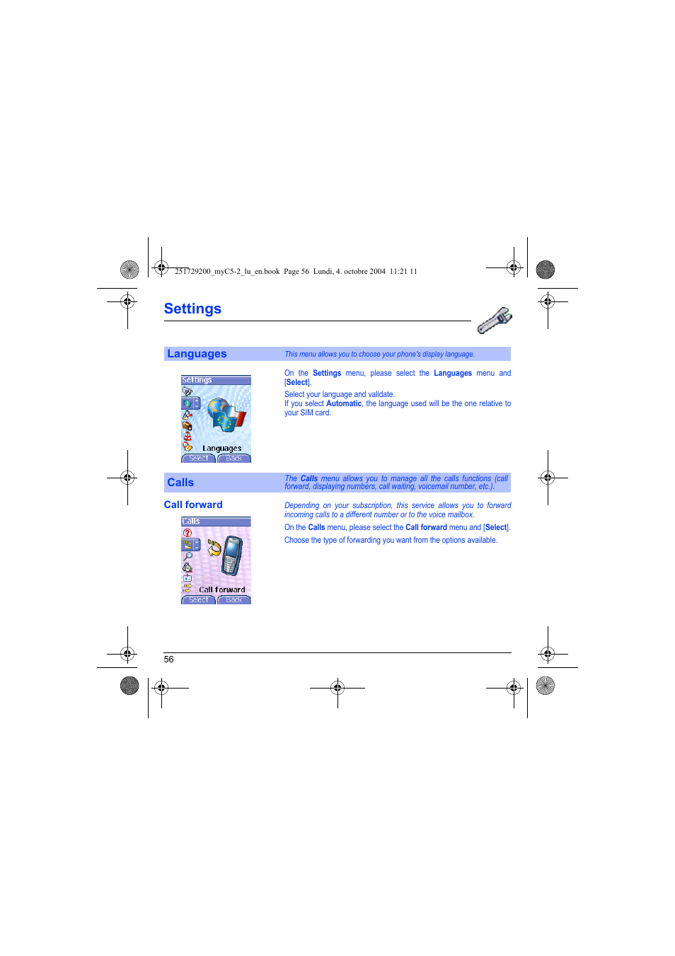 Languages calls, Call forward, Settings | Sagem myC5-2 User Manual | Page 59 / 99