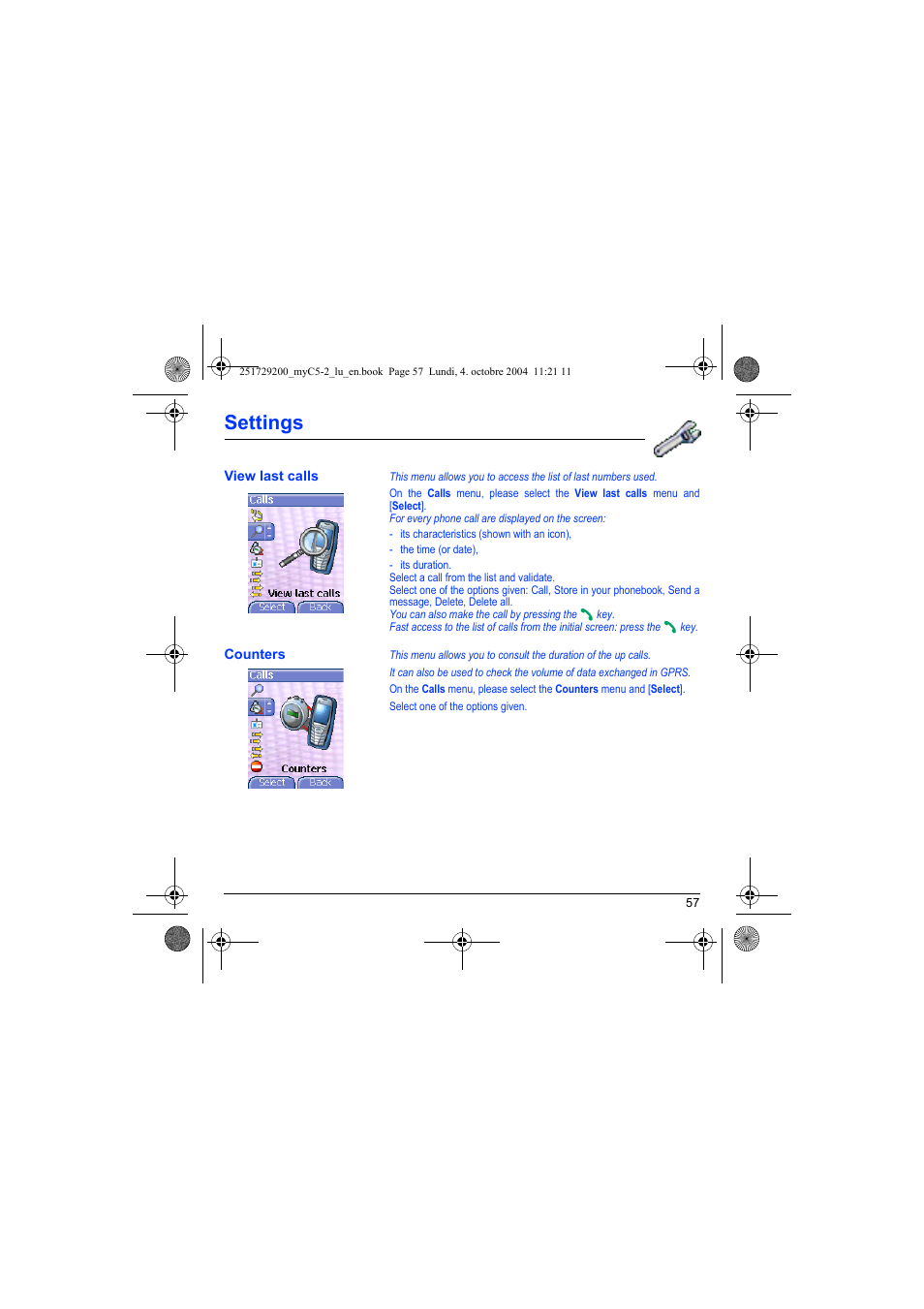 View last calls counters, Settings | Sagem myC5-2 User Manual | Page 60 / 99