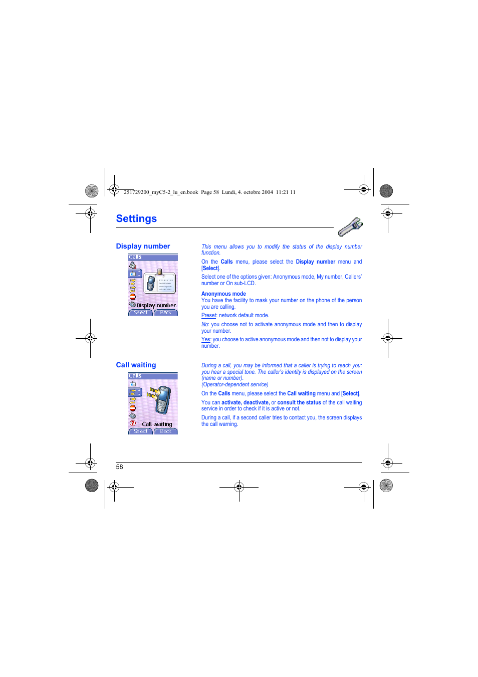 Display number call waiting, Settings | Sagem myC5-2 User Manual | Page 61 / 99