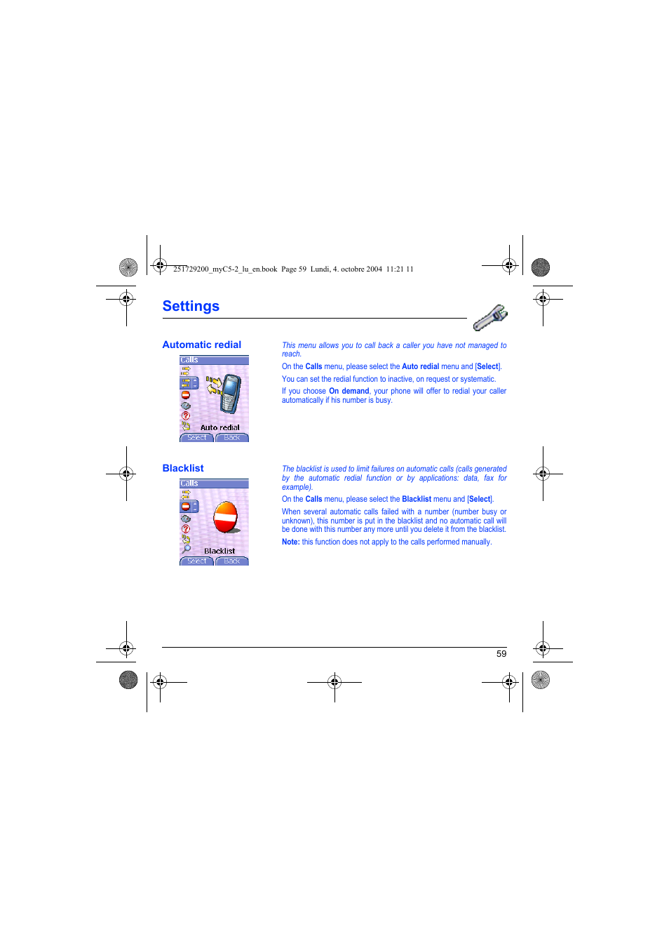 Automatic redial blacklist, Settings | Sagem myC5-2 User Manual | Page 62 / 99