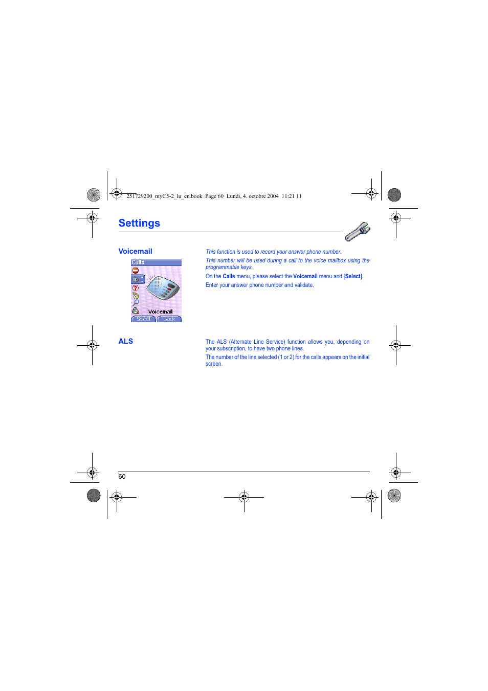 Voicemail als, Settings | Sagem myC5-2 User Manual | Page 63 / 99