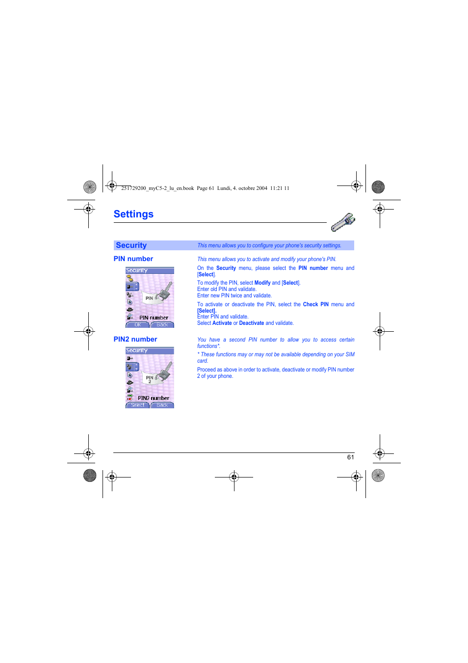 Security, Pin number pin2 number, Settings | Sagem myC5-2 User Manual | Page 64 / 99