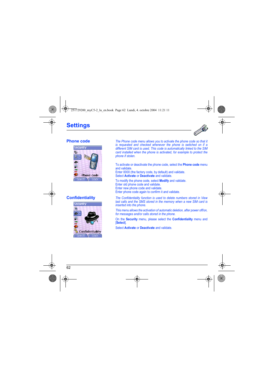 Phone code confidentiality, Settings | Sagem myC5-2 User Manual | Page 65 / 99