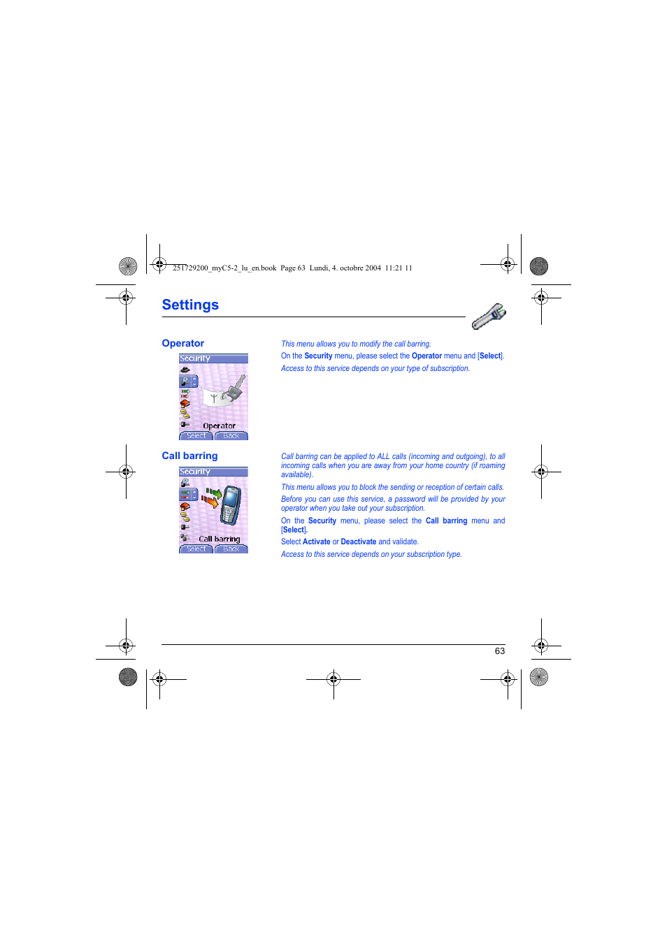 Operator call barring, Settings | Sagem myC5-2 User Manual | Page 66 / 99