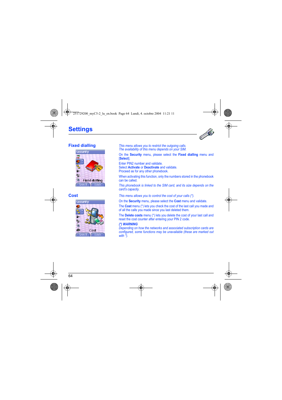 Fixed dialling cost, Settings | Sagem myC5-2 User Manual | Page 67 / 99