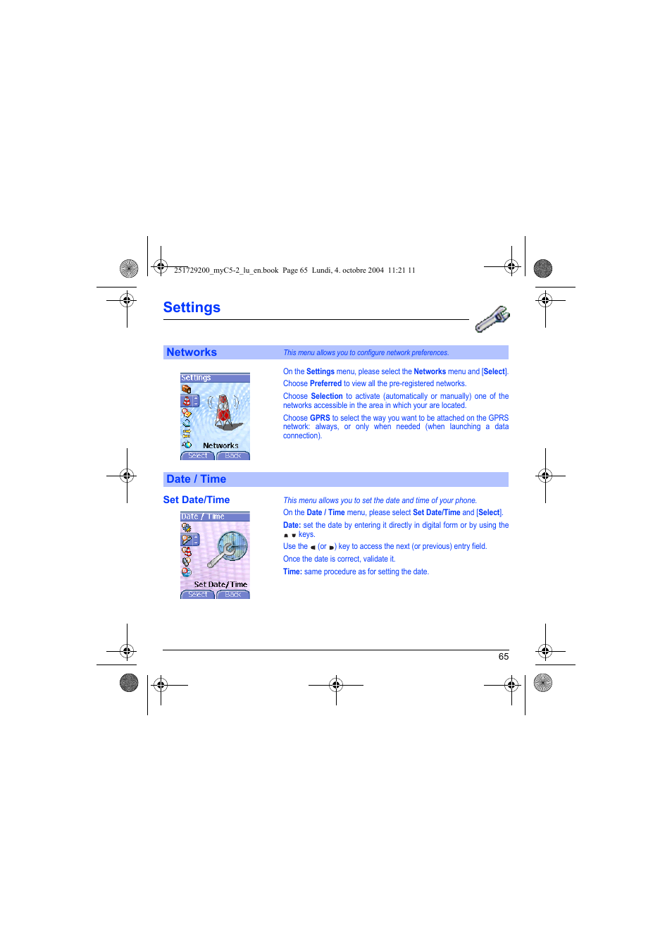 Networks date / time, Set date/time, Settings | Sagem myC5-2 User Manual | Page 68 / 99