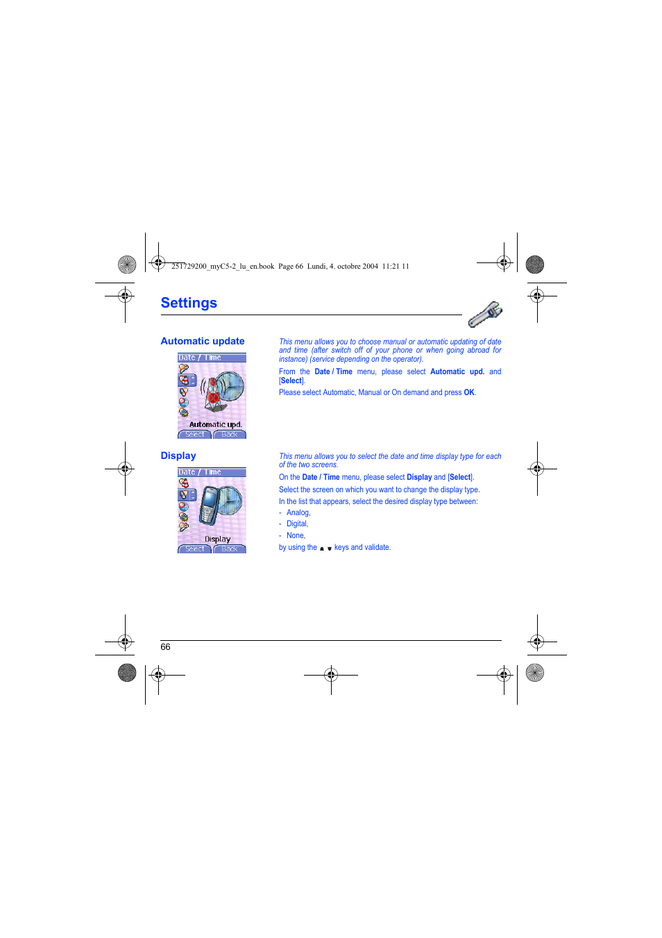 Automatic update display, Settings | Sagem myC5-2 User Manual | Page 69 / 99