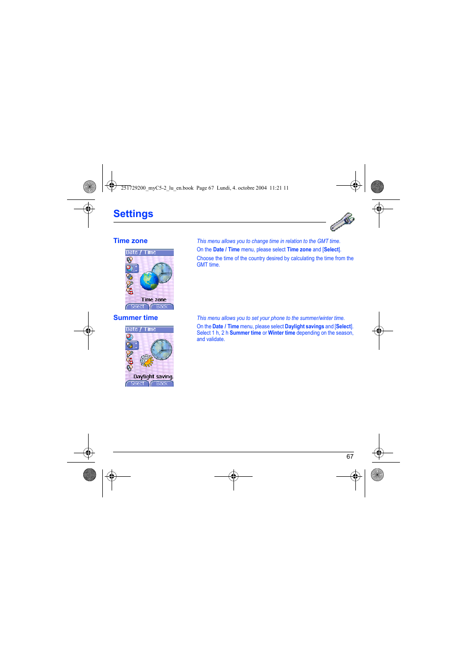 Time zone summer time, Settings | Sagem myC5-2 User Manual | Page 70 / 99