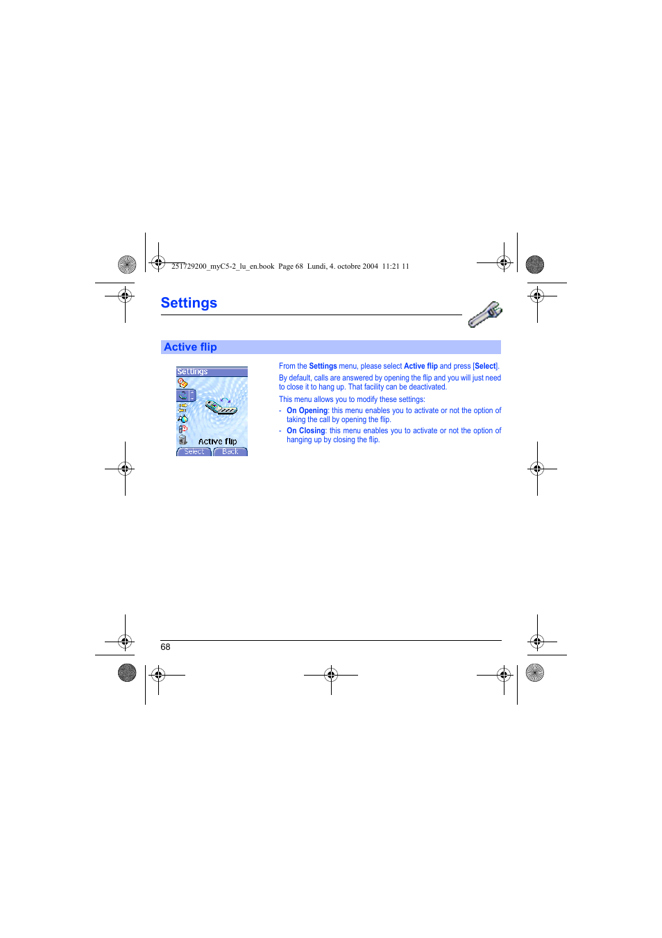 Active flip, Settings | Sagem myC5-2 User Manual | Page 71 / 99