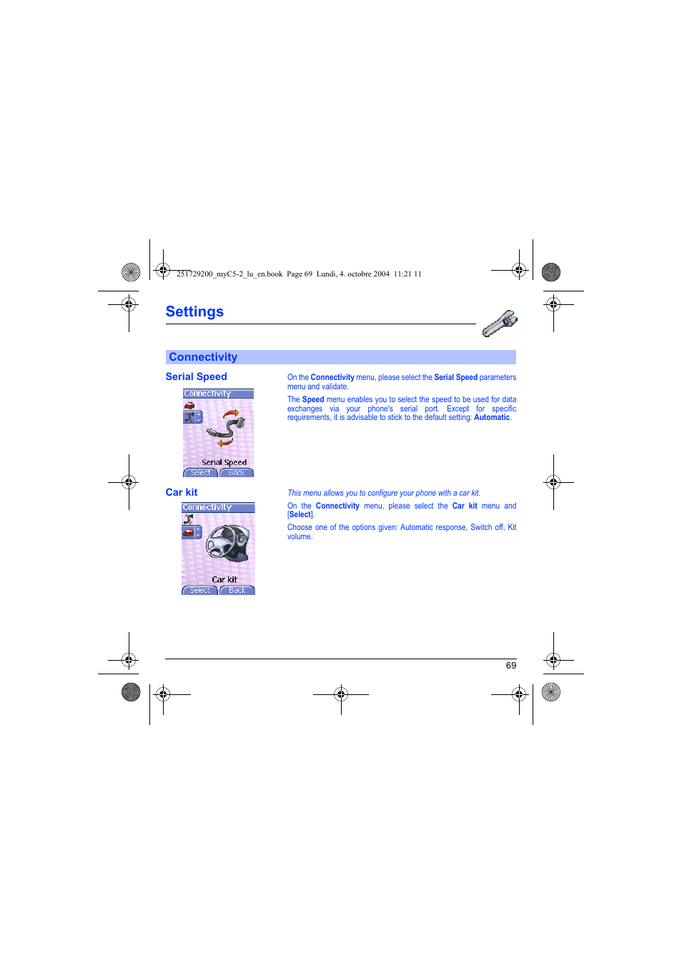 Connectivity, Serial speed car kit, Settings | Sagem myC5-2 User Manual | Page 72 / 99