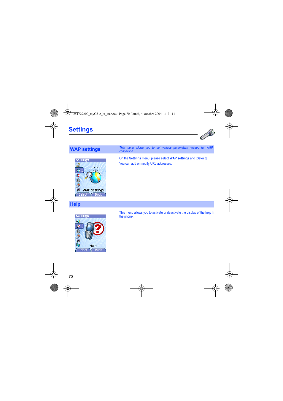 Wap settings help, Settings | Sagem myC5-2 User Manual | Page 73 / 99