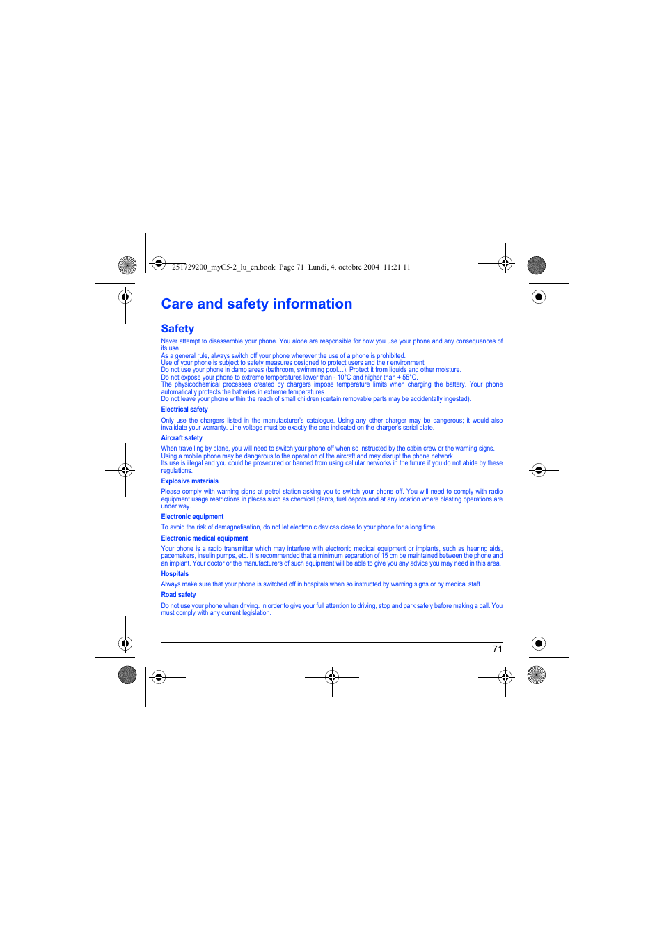 Care and safety information, Safety | Sagem myC5-2 User Manual | Page 74 / 99