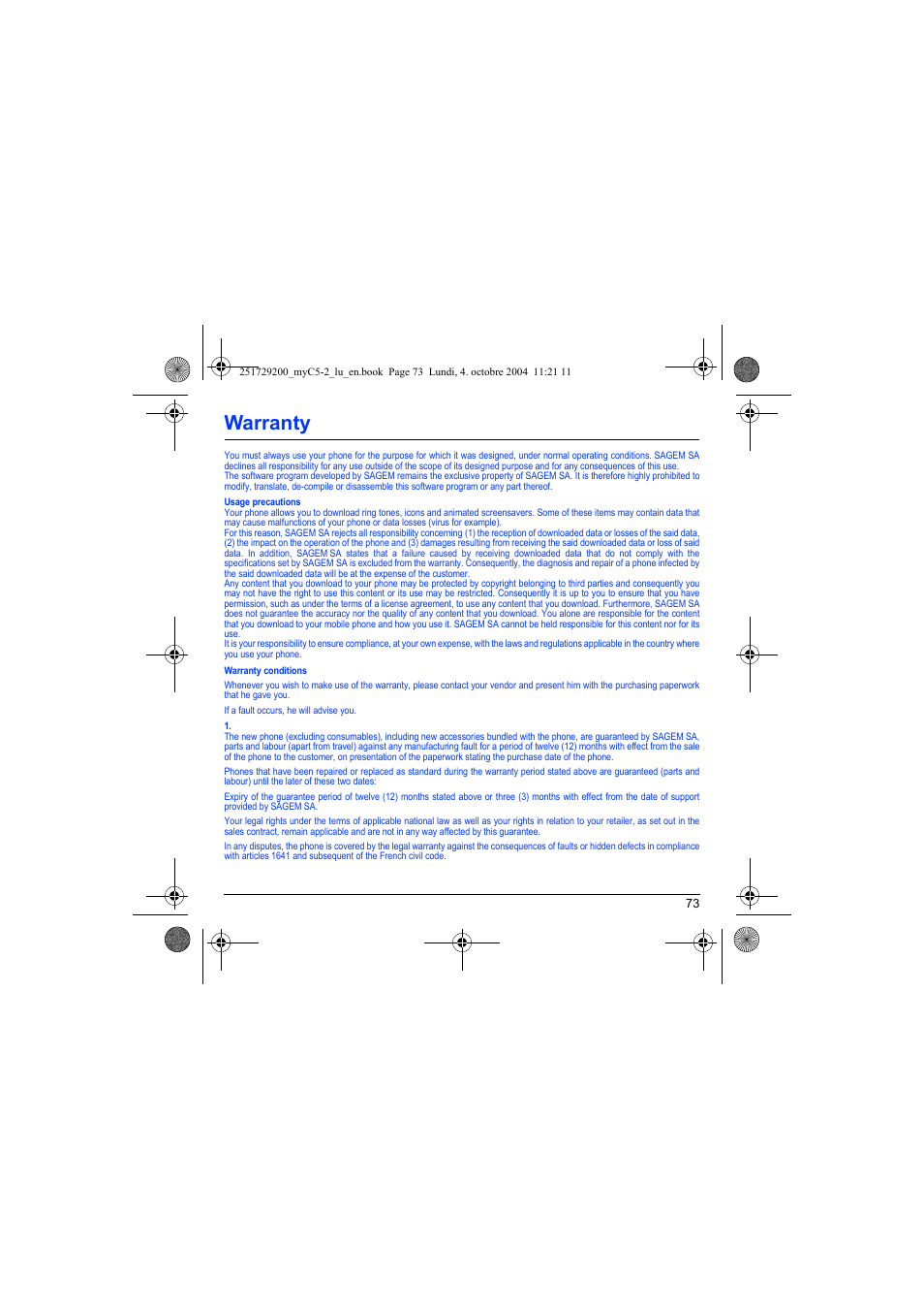 Warranty | Sagem myC5-2 User Manual | Page 76 / 99