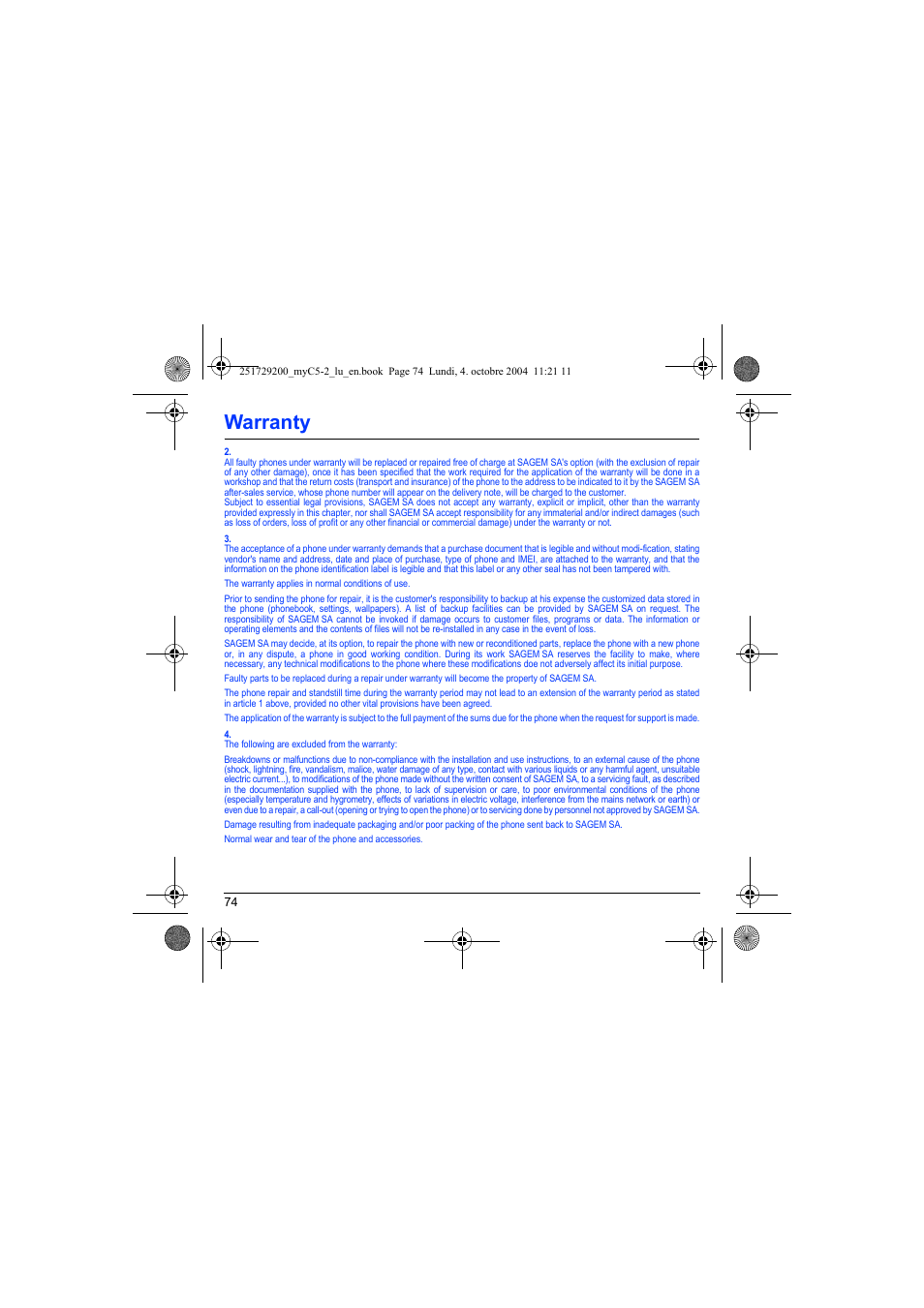 Warranty | Sagem myC5-2 User Manual | Page 77 / 99