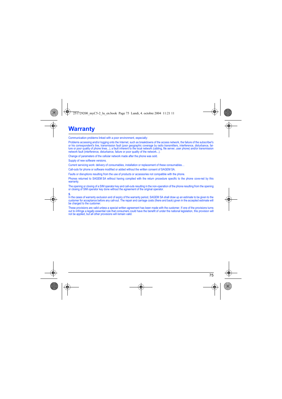 Warranty | Sagem myC5-2 User Manual | Page 78 / 99