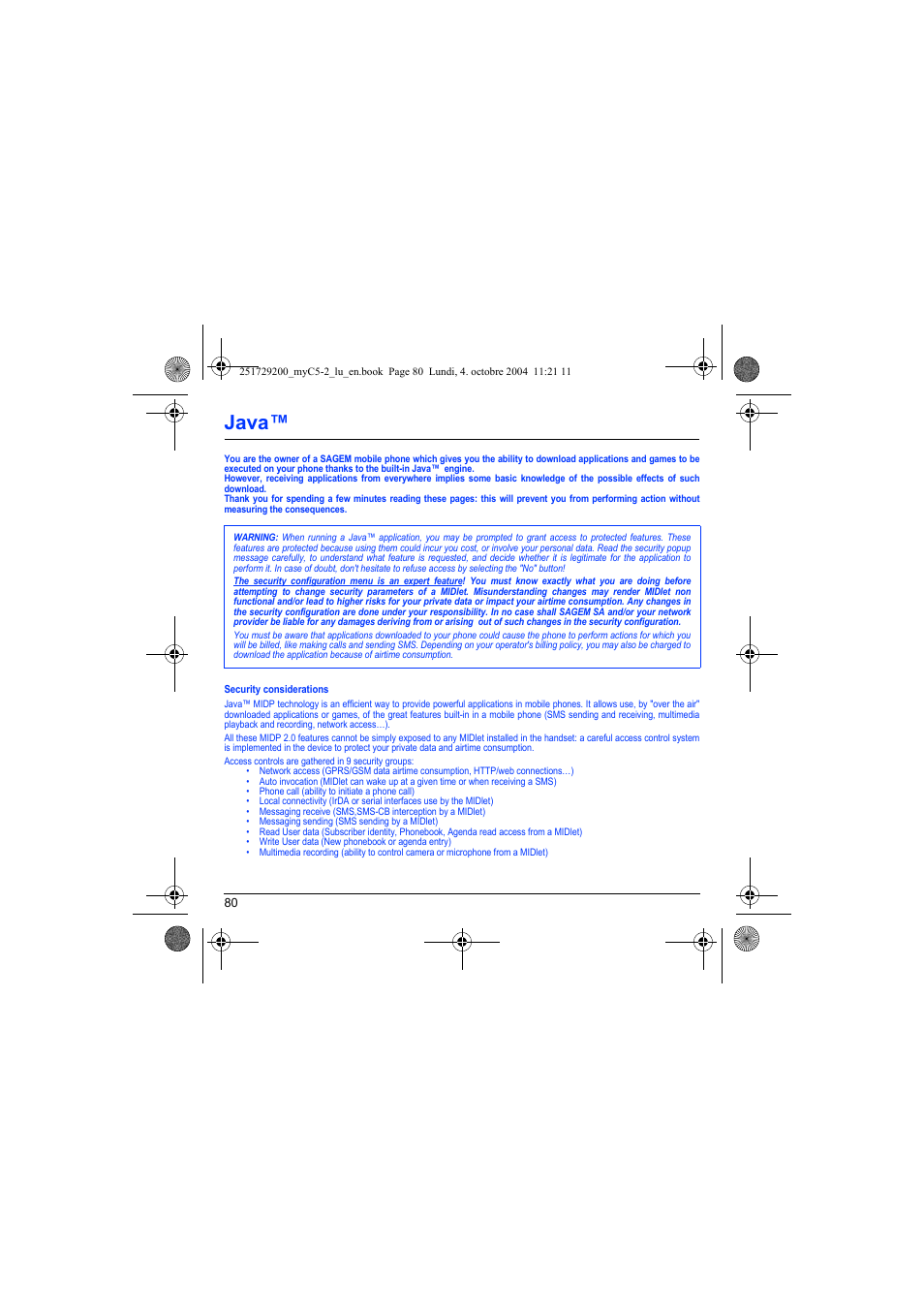 Security considerations, Java | Sagem myC5-2 User Manual | Page 83 / 99