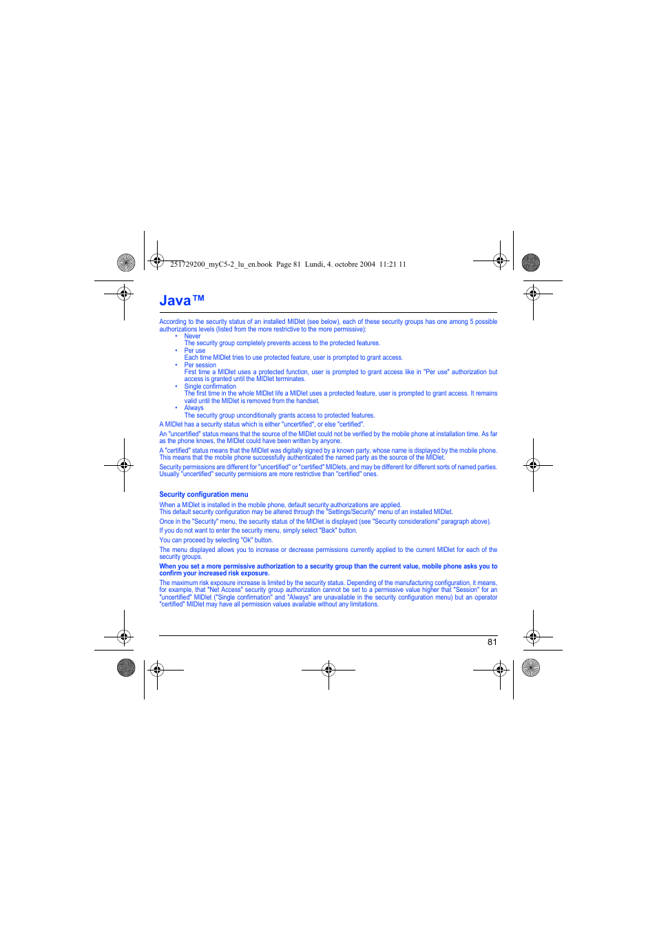 Security configuration menu, Java | Sagem myC5-2 User Manual | Page 84 / 99