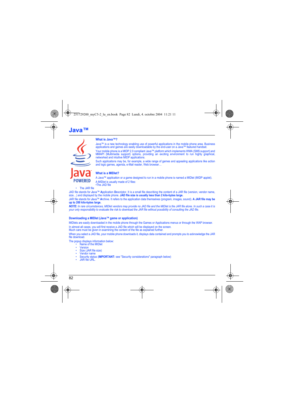 What is java, What is a midlet, Downloading a midlet (java™ game or application) | Java | Sagem myC5-2 User Manual | Page 85 / 99