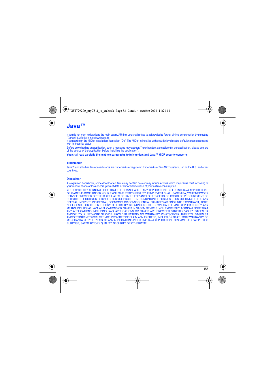 Trademarks, Disclaimer, Java | Sagem myC5-2 User Manual | Page 86 / 99