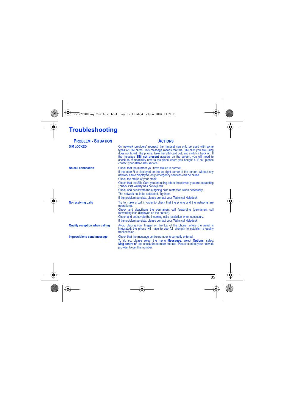 Troubleshooting | Sagem myC5-2 User Manual | Page 88 / 99