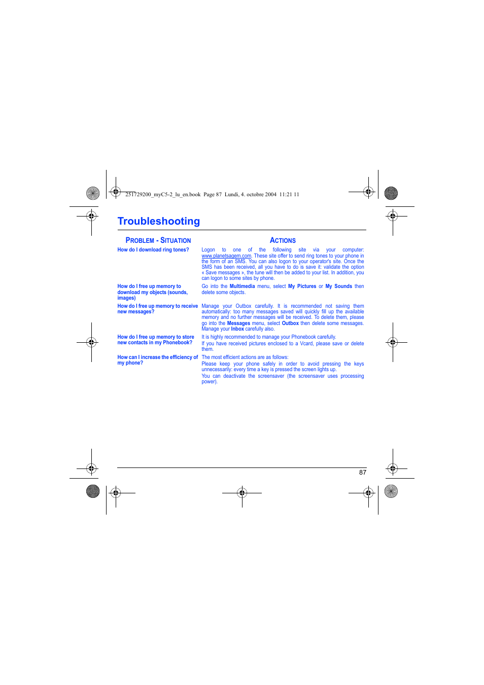 Troubleshooting | Sagem myC5-2 User Manual | Page 90 / 99