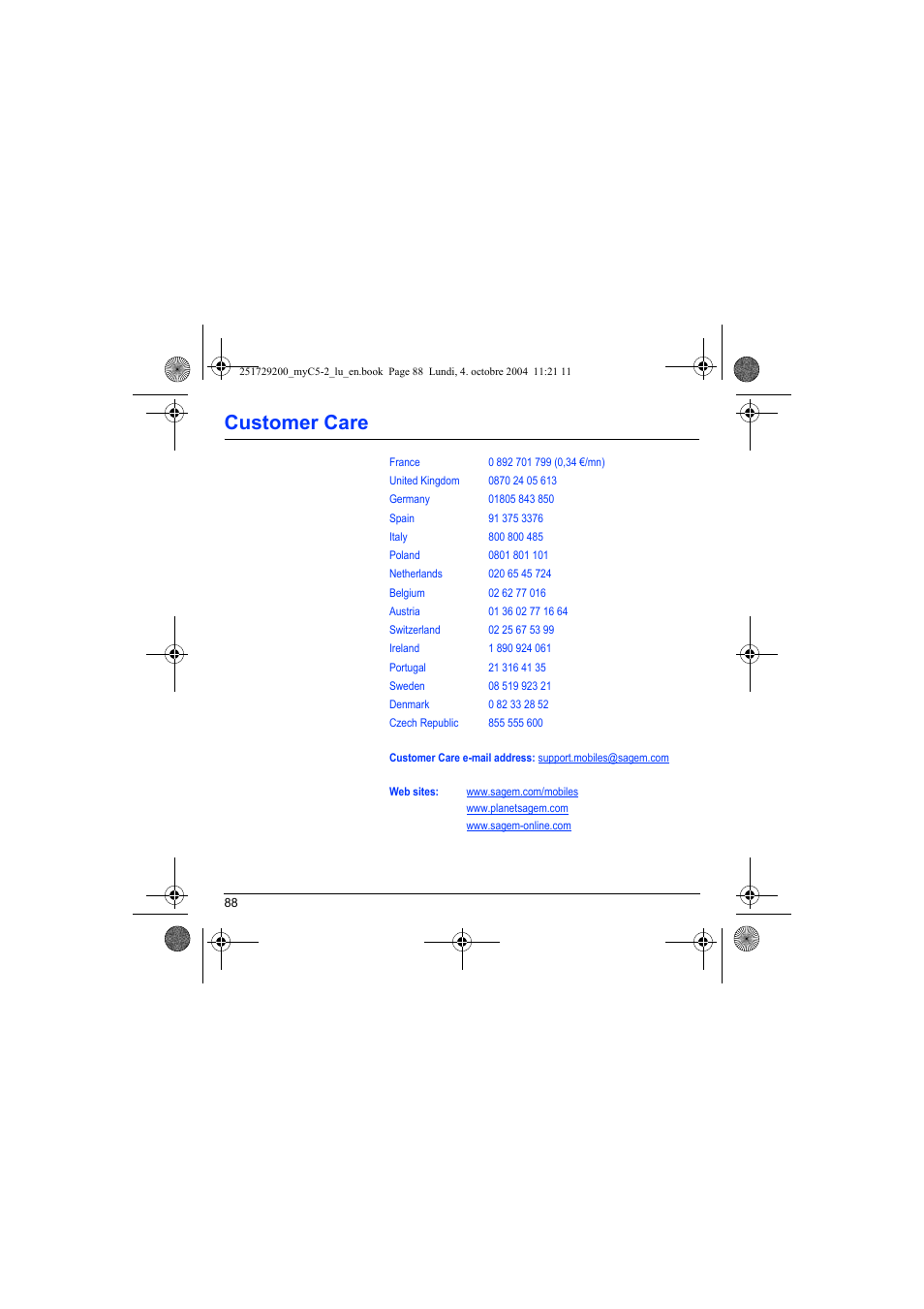 Customer care | Sagem myC5-2 User Manual | Page 91 / 99