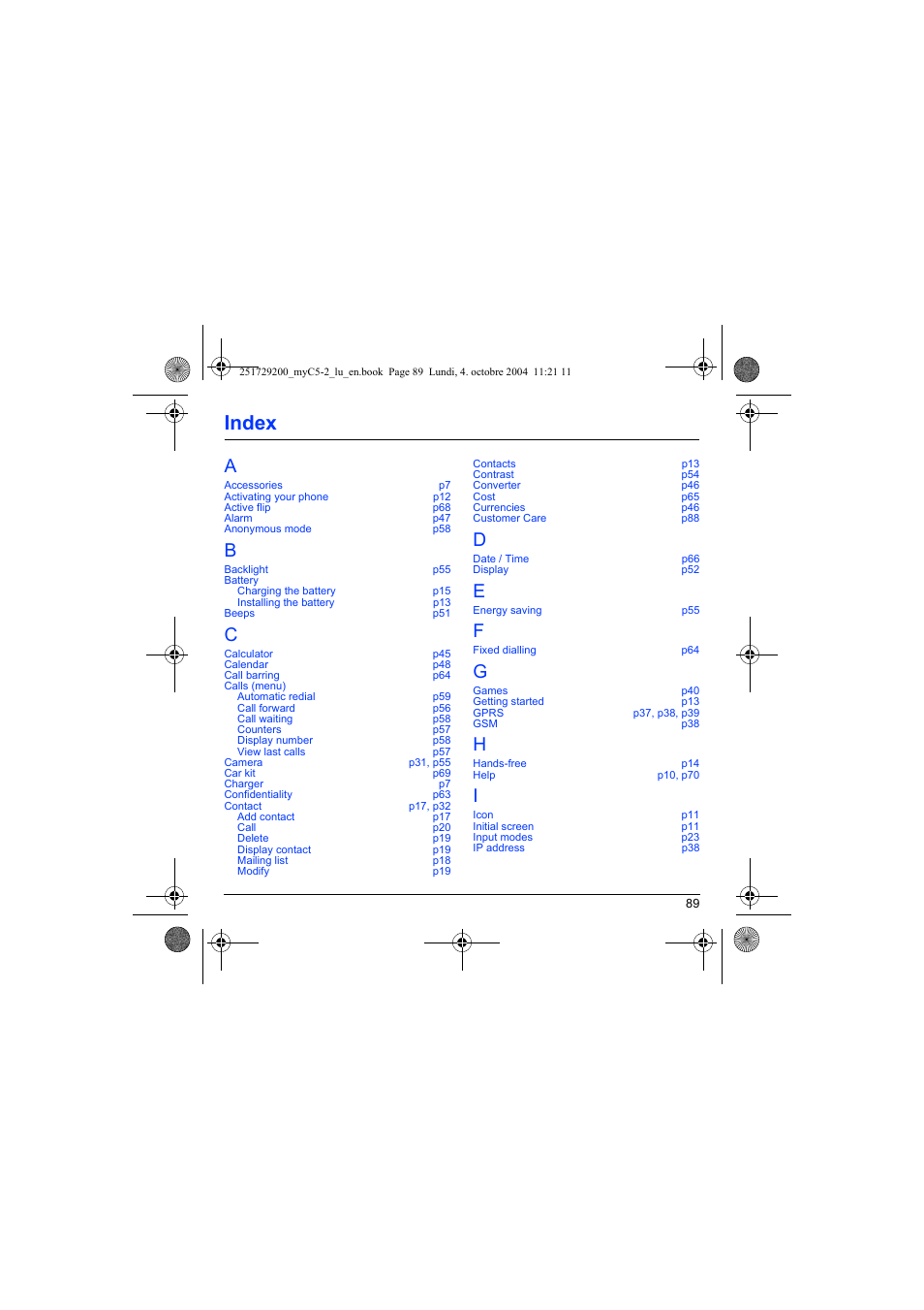 Index | Sagem myC5-2 User Manual | Page 92 / 99