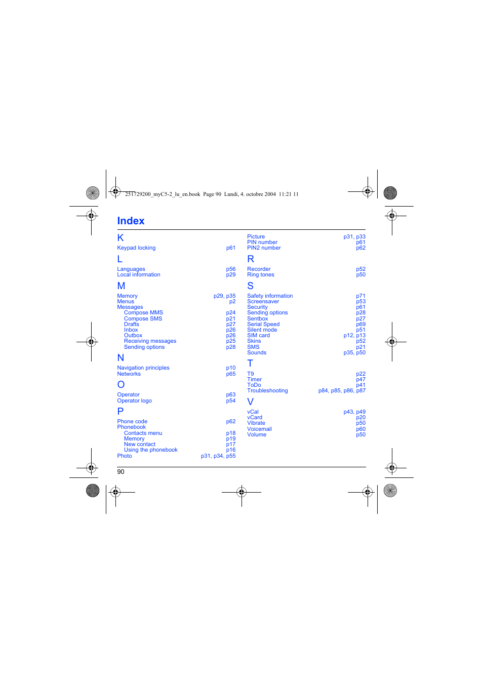 Index | Sagem myC5-2 User Manual | Page 93 / 99