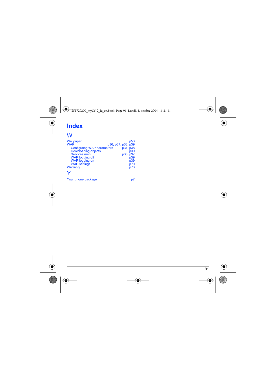 Index | Sagem myC5-2 User Manual | Page 94 / 99