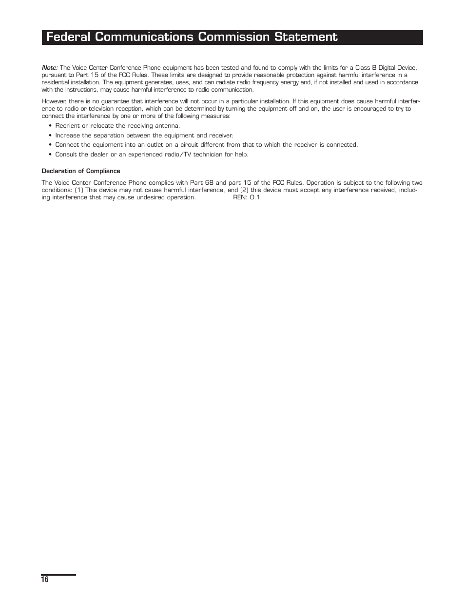 Federal communications commission statement | Spracht Voice Center cp-2010 User Manual | Page 18 / 20