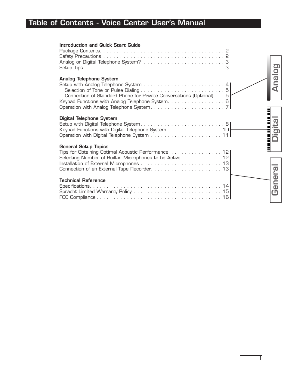 General analog digital, Table of contents - voice center user’s manual | Spracht Voice Center cp-2010 User Manual | Page 3 / 20