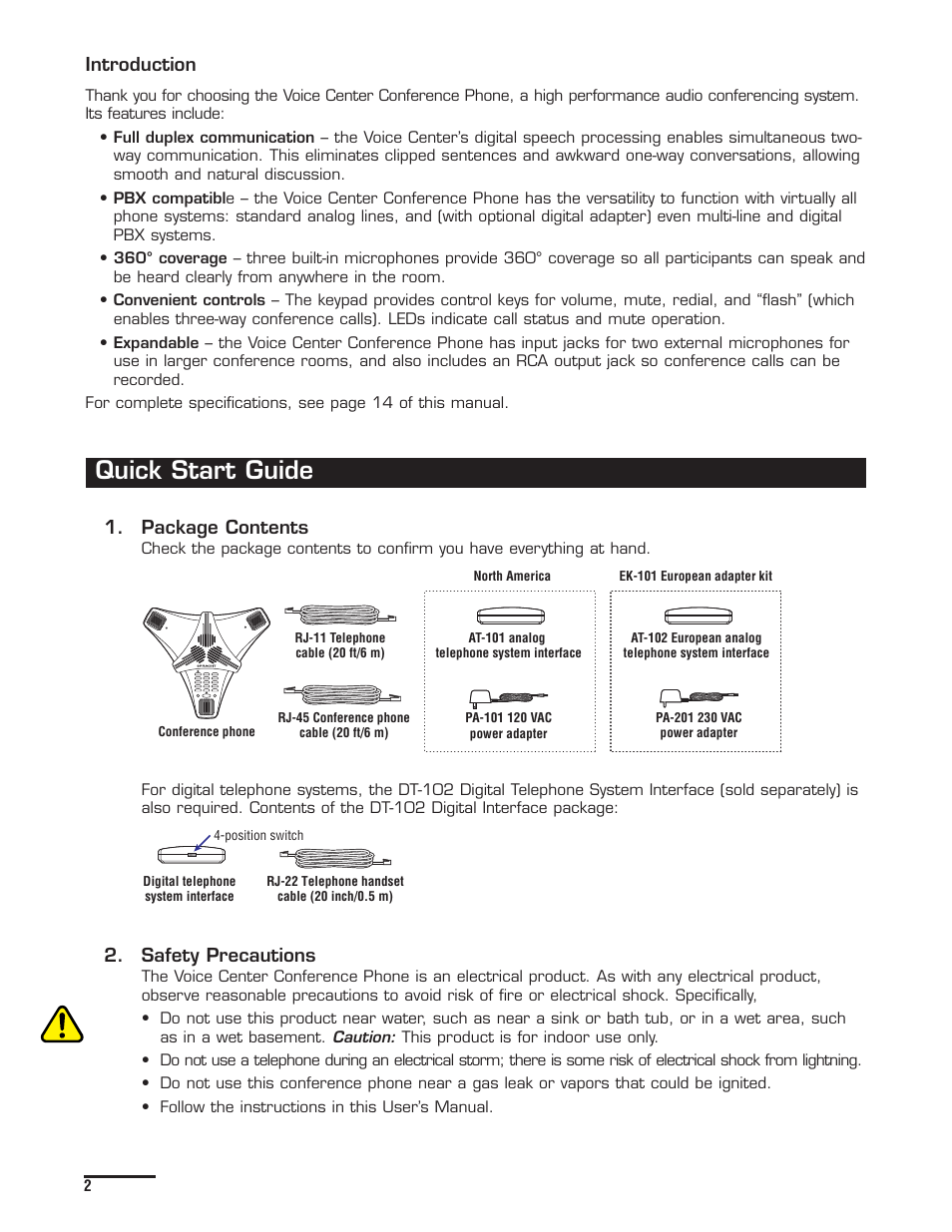 Quick start guide, Introduction, Package contents | Safety precautions | Spracht Voice Center cp-2010 User Manual | Page 4 / 20