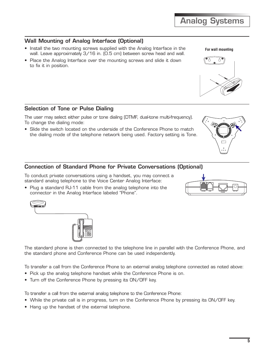Analog systems, Wall mounting of analog interface (optional), Selection of tone or pulse dialing | Spracht Voice Center cp-2010 User Manual | Page 7 / 20
