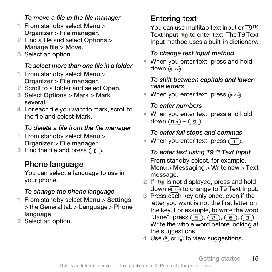 Phone language, Entering text, Phone language entering text | Spracht W890I User Manual | Page 17 / 82