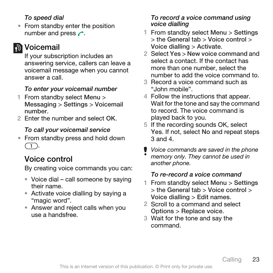 Voicemail, Voice control, Voicemail voice control | Use your voice to make calls. see voice | Spracht W890I User Manual | Page 25 / 82