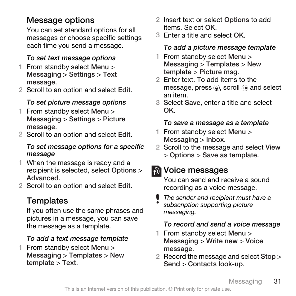 Message options, Templates, Voice messages | Message options templates voice messages | Spracht W890I User Manual | Page 33 / 82
