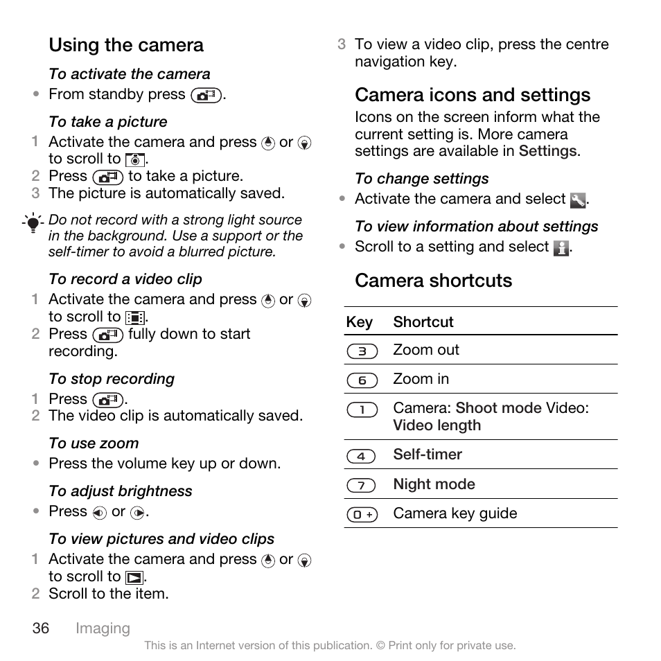 Using the camera, Camera icons and settings, Camera shortcuts | Spracht W890I User Manual | Page 38 / 82