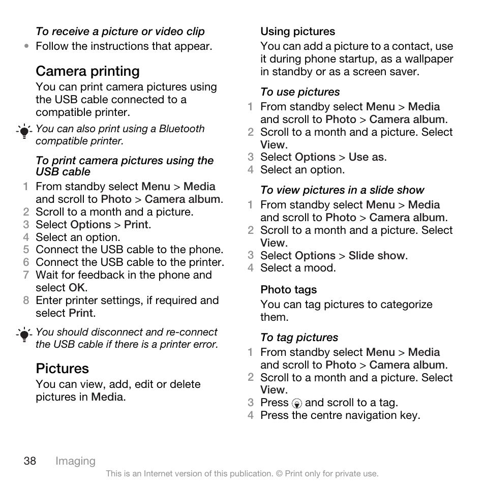 Camera printing, Pictures, Camera printing pictures | Using | Spracht W890I User Manual | Page 40 / 82