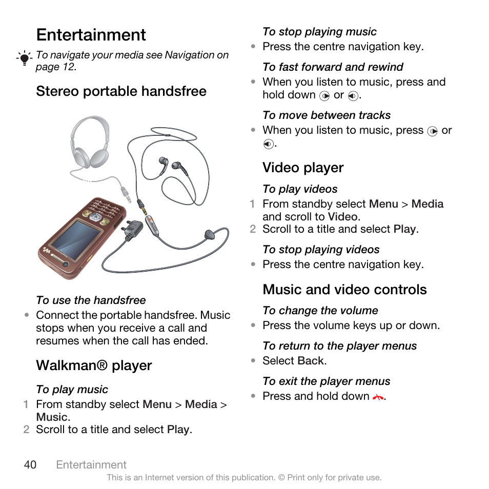 Entertainment, Stereo portable handsfree, Walkman® player | Video player, Music and video controls | Spracht W890I User Manual | Page 42 / 82