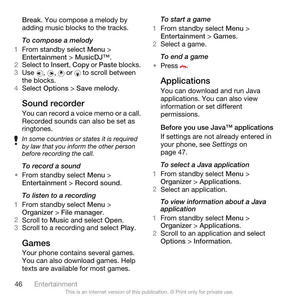 Sound recorder, Games, Applications | Sound recorder games applications | Spracht W890I User Manual | Page 48 / 82