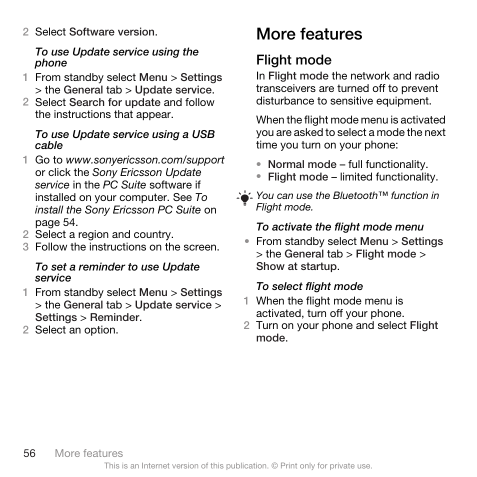 More features, Flight mode | Spracht W890I User Manual | Page 58 / 82