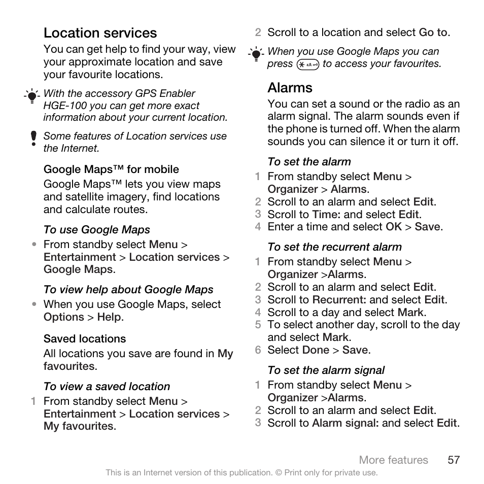 Location services, Alarms, Location services alarms | Spracht W890I User Manual | Page 59 / 82